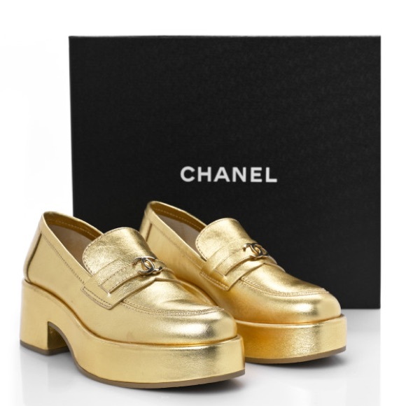 CHANEL Gold Flats Luxurious Metallic Loafers